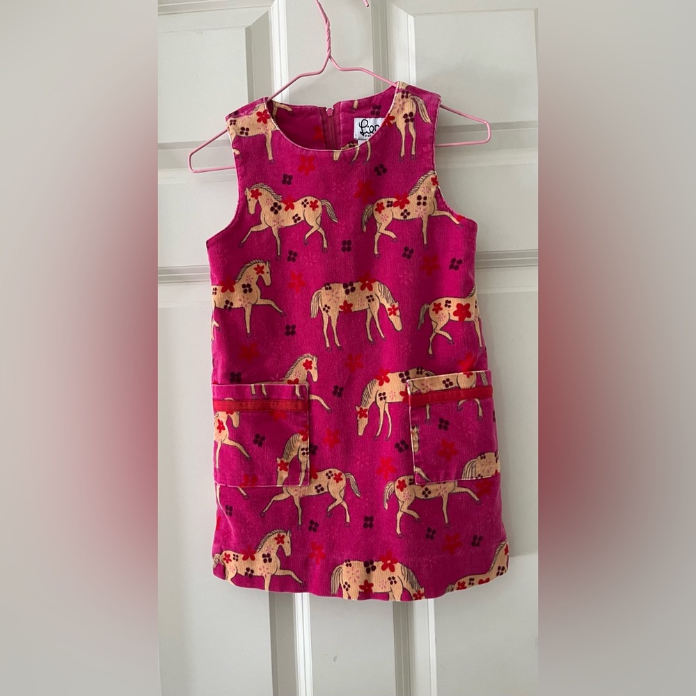 Lilly Pulitzer girls Sleeveless pink corduroy dress with horses pockets size 4